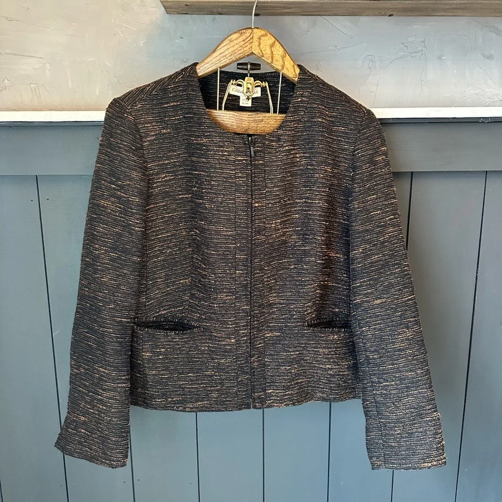 Coldwater Creek‎ Textured Tweed Front Zip Black and Gold Blazer size XL (18)